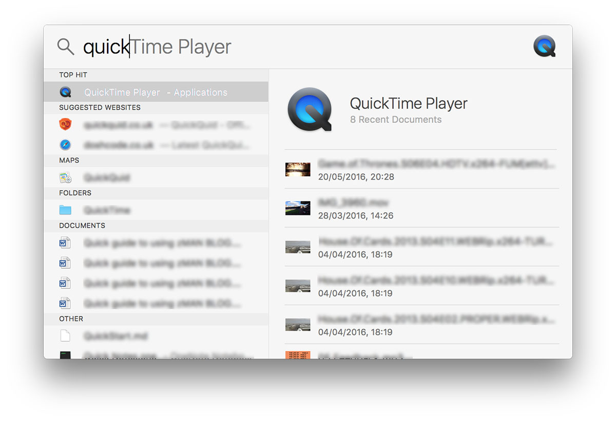 Apple Spotlight Search QuickTime Player