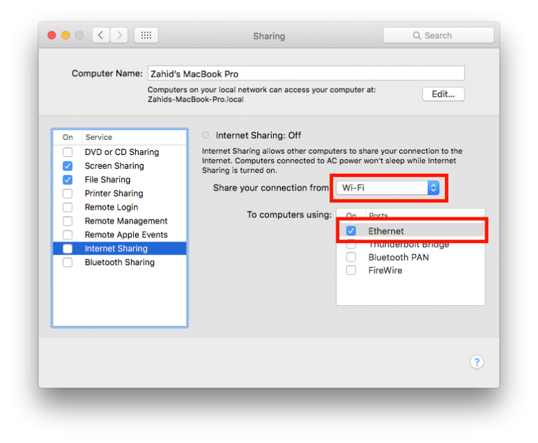 How To Share Internet From Mac OS X To Arduino Yun Sharing Window