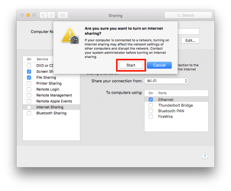How To Share Internet From Mac OS X To Arduino Yun Start Internet Sharing